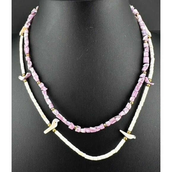 Vintage BIRD FETISH Necklace Purple & White Sea Shell Bead & Earrings - Picture 2 of 9